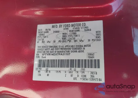 2007 Ford Ranger Stx/Xl/Xlt z USA, uszkodzony, nr VIN 1FTYR14DX7PA31107